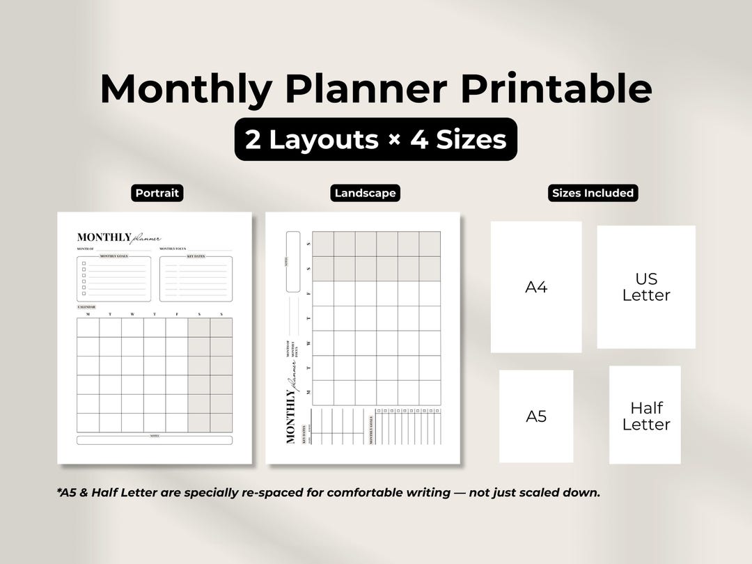 Simple Minimalist Monthly Planner Printable – Portrait & Landscape ...