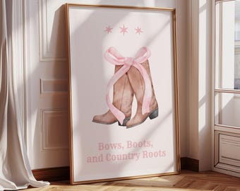 Rosa cowgirlstövlar akvarell konsttryck, flickig westerndekor (digital nedladdning)