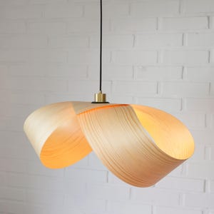 Puede incluir: Una lámpara colgante de madera con un diseño único y retorcido. La lámpara está hecha de madera natural y tiene un brillo cálido y acogedor.