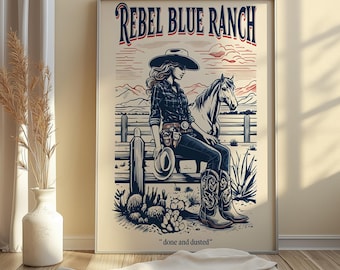 Cowgirl-kunstdruk: vintage westernposter, decor Rebel Blue Ranch