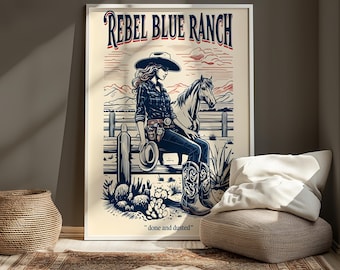 Vintage Cowgirl Poster: Rebel Blue Ranch Western Art (Digital Download)
