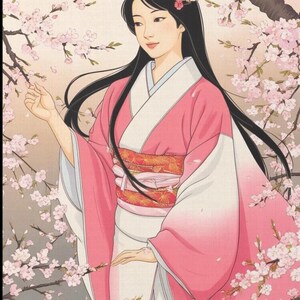 以下が含まれることがあります： ピンクと白の着物を着た女性が桜の木の前に立っています。着物は赤と金の帯と白い下着を着ています。女性は長い黒髪で、髪にピンクの花をつけています。