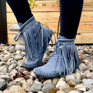 handmade moccasins | indigenous maker | fringe moccassins | fringe boot | hi-top moccasins | moccasin boots | denim leather | barefoot shoes