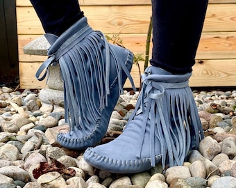 moccasins, indigenous maker, fringe moccasin boots, moccasin boots, denim, barefoot shoes, bridal shoes, leather booties