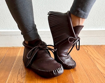 handmade moccasins, indigenous maker, fringe moccasins, chocolate, barefoot shoes, slippers, bridal shoes, leather shoes
