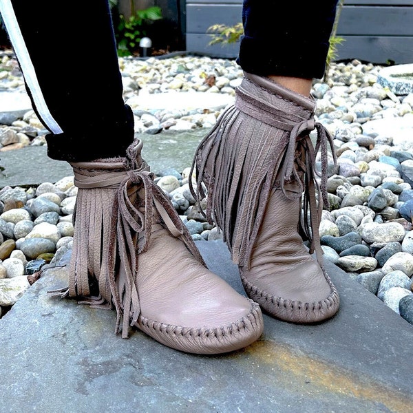 moccasins, indigenous maker, fringe moccasin boots, moccasin boots, mud, barefoot shoes, bridal shoes, leather boots