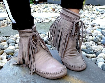 moccasins, indigenous maker, fringe moccasin boots, moccasin boots, mud, barefoot shoes, bridal shoes, leather boots