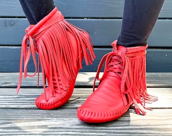 moccasins, indigenous maker, fringe moccasin boots, cherry, barefoot shoes, bridal shoes, leather boots