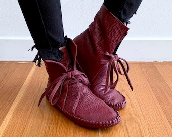 handmade moccasins, indigenous maker, moccasin boots, sangria, leather slippers, barefoot shoes, bridal shoes, slippers
