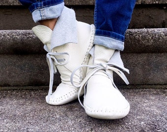 handmade moccasins, indigenous maker, moccasin boots, white, bridal shoes, barefoot shoes, leather slippers, leather boots