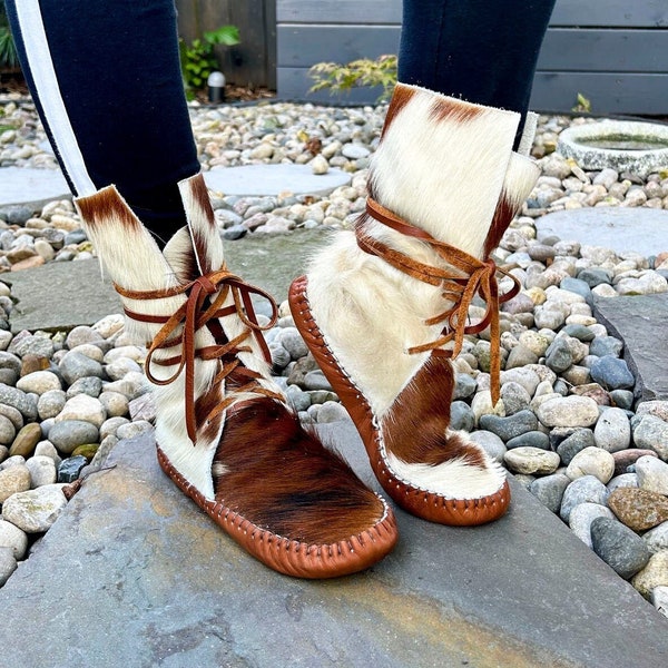handmade moccasins | indigenous maker | moccasins | hi-top moccasins | moccasin boots | long hair-on cowhide leather | barefoot shoes