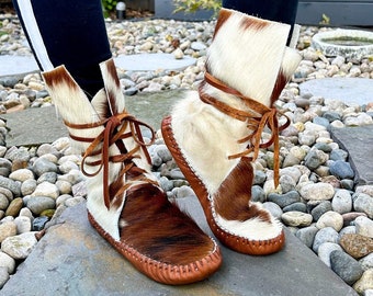 handmade moccasins | indigenous maker | moccasins | hi-top moccasins | moccasin boots | long hair-on cowhide leather | barefoot shoes