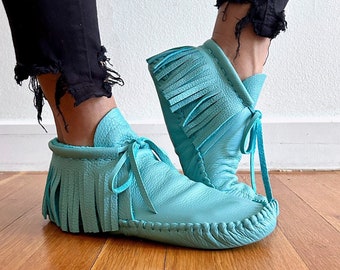 handmade moccasins, indigenous maker, fringe moccasins, taos turquoise, barefoot shoes, bridal shoes