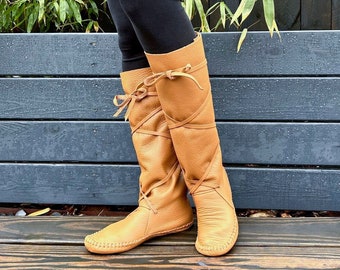 handmade moccasins | indigenous maker | moccasins | moccasin boots | wrap boot moccasins | toffee | super tall boots | barefoot shoes