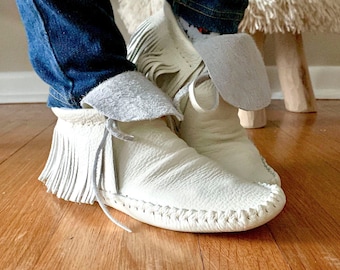 moccasins, indigenous maker, fringe moccasins, white, long vamp, barefoot shoes, bridal shoes