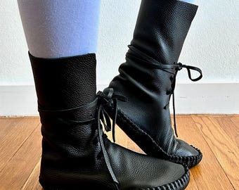 handmade moccasins | indigenous maker | moccasins | moccasin boots | wrap moccasins | black | tall boots | size 6 | slippers | barefoot shoe