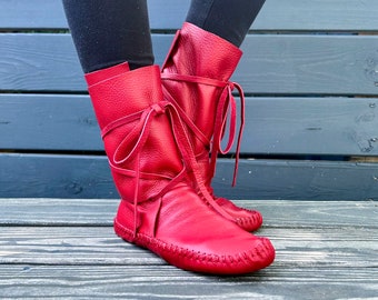 handmade moccasins | indigenous maker | moccasins | moccasin boots | wrap moccasins | scarlet | tall boots | size 8 | slippers | barefoot