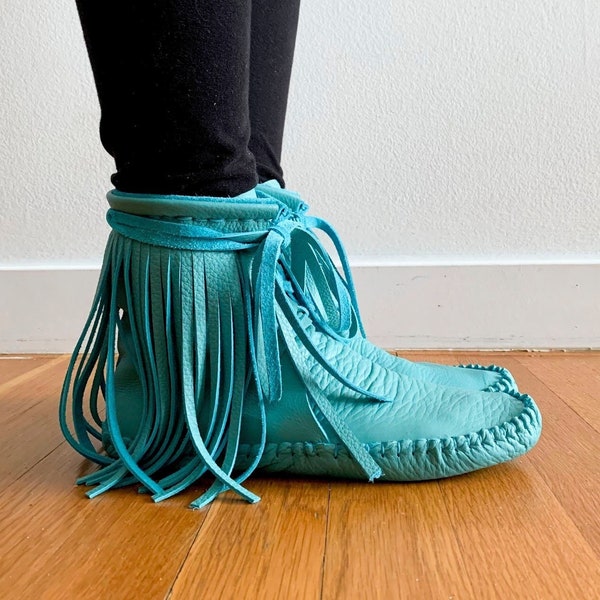 handmade moccasins | indigenous maker | fringe moccassins | fringe boot | moccasin boots | taos turquoise leather | barefoot shoes