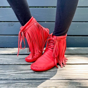handmade moccasins | indigenous maker | fringe moccassins | fringe boot | hi-top moccasins | moccasin boots | cherry | barefoot shoes
