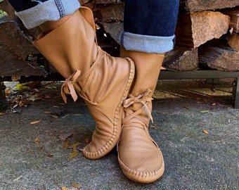leather moccasins, indigenous maker, moccasin boots, wrap boots, toffee, barefoot shoes, bridal shoes