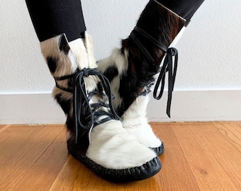 handmade moccasins, indigenous maker, moccasin boots, barefoot shoes, hair on cowhide boots, bridal shoes