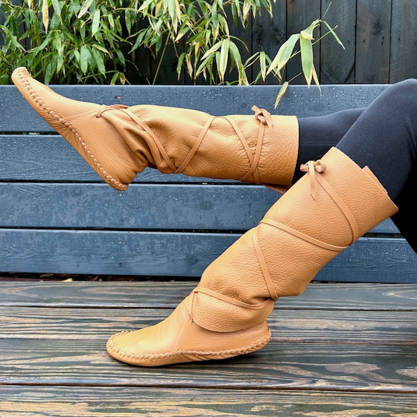 moccasins, indigenous maker, moccasin boots, super tall wrap boots, toffee, leather boots, bridal shoes