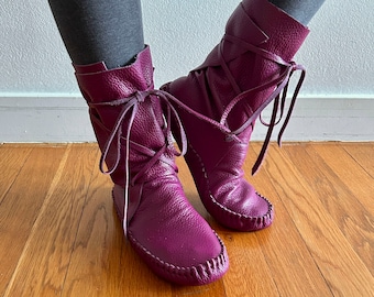 handmade moccasins, indigenous maker, moccasin boots, moccasin wrap boots, berry, barefoot shoes, leather boots
