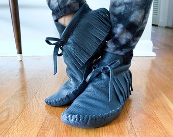 handmade moccasins, indigenous maker, fringe moccasins, navy, leather shoes, barefoot shoes, bridal shoes, leather booties