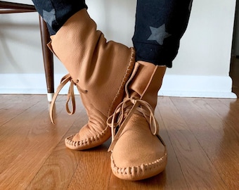handmade moccasins, indigenous maker, moccasin boots, toffee, leather shoes, barefoot shoes, bridal shoes, leather slippers