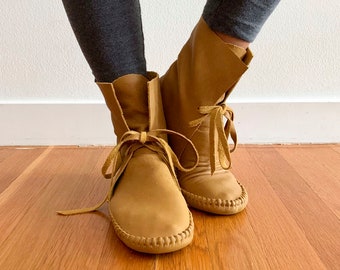 handmade moccasins, indigenous maker, moccasin boots, honey, leather slippers, barefoot shoes, bridal shoes, leather boots