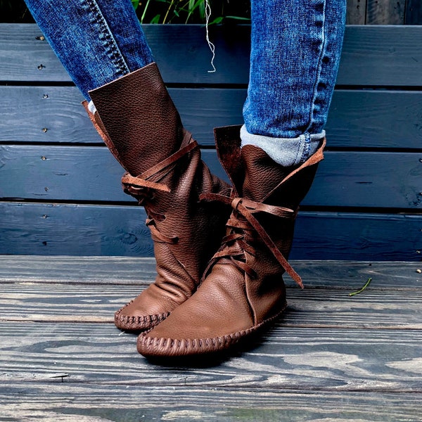 handmade moccasins | indigenous maker | tall boots | moccasin boots | wrap up laces | chocolate | slippers | barefoot shoes | bridal shoes