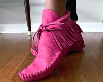 handmade moccasins, indigenous maker, fringe moccasins, fuchsia, barefoot shoes, bridal shoes, leather flats