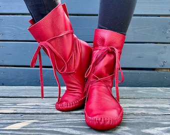 handmade moccasins, indigenous maker, moccasin boots, wrap boots, scarlet, barefoot shoes, bridal shoes, leather boots