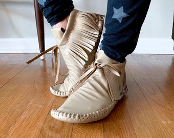 handmade moccasins, indigenous maker, ankle booties, fringe moccasins, sand, barefoot shoes, bridal shoes