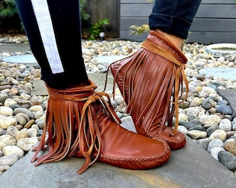 moccasins, indigenous maker, fringe moccasins, moccasin boots, fringe boots, nutmeg, barefoot shoes, bridal shoes, leather boots