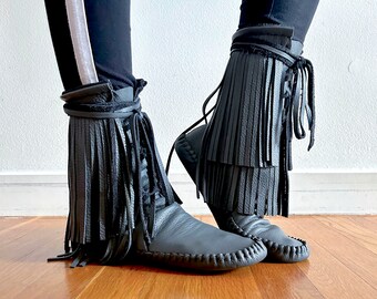 moccasins , indigenous maker, fringe moccassins, moccasin boots, slate gray, barefoot shoes, bridal shoes
