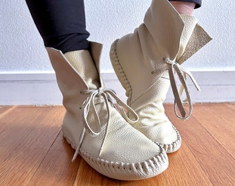 moccasins, indigenous maker, moccasin boots, cream, barefoot shoes, leather slippers, bridal shoes