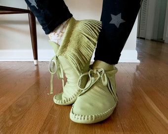 handmade moccasins, indigenous maker, fringe moccasins, lime green, barefoot shoes, leather flats, bridal shoes