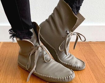 handmade moccasins, indigenous maker, moccasin boots, ash, leather slippers, barefoot shoes, bridal shoes, leather boots