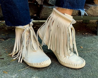 handmade moccasins | indigenous maker | fringe moccasin boots | moccasin boots | biscotti | barefoot shoes | bridal shoes