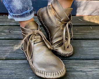 handmade moccasins, indigenous maker, leather moccasins, bronze , chukka shortie, barefoot shoes, slippers, bridal shoes