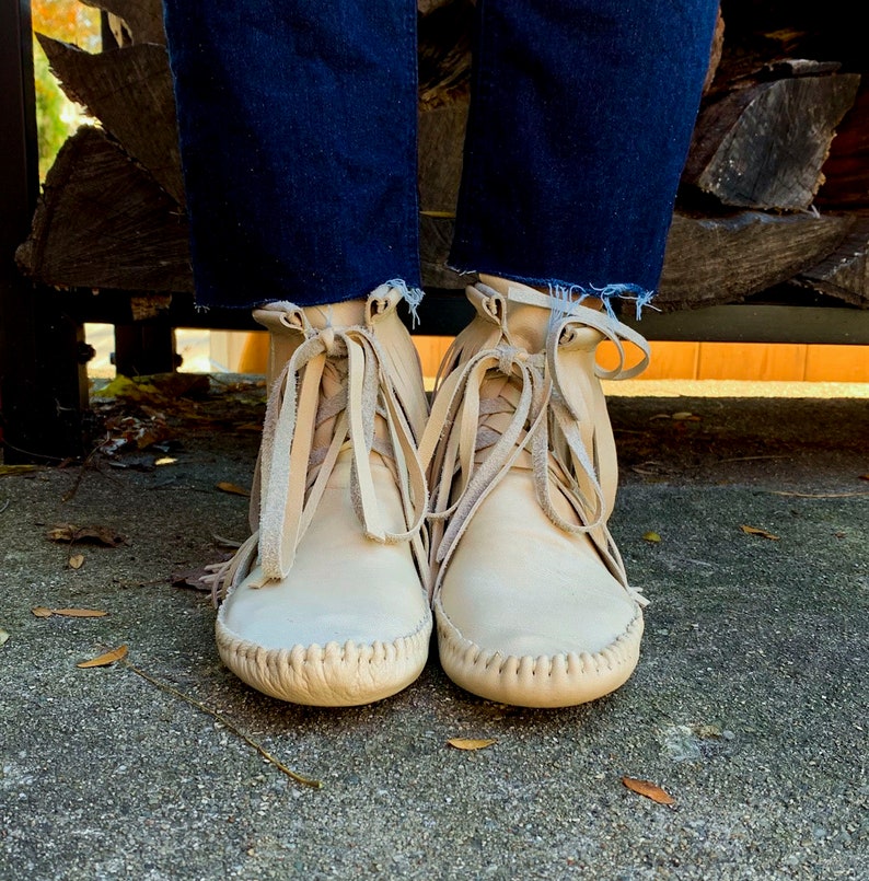 handmade moccasins | indigenous maker | fringe moccasin boots | moccasin boots | biscotti | barefoot shoes | bridal shoes image 3