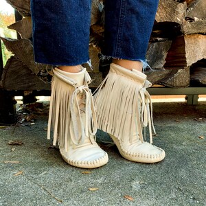 handmade moccasins | indigenous maker | fringe moccasin boots | moccasin boots | biscotti | barefoot shoes | bridal shoes image 5
