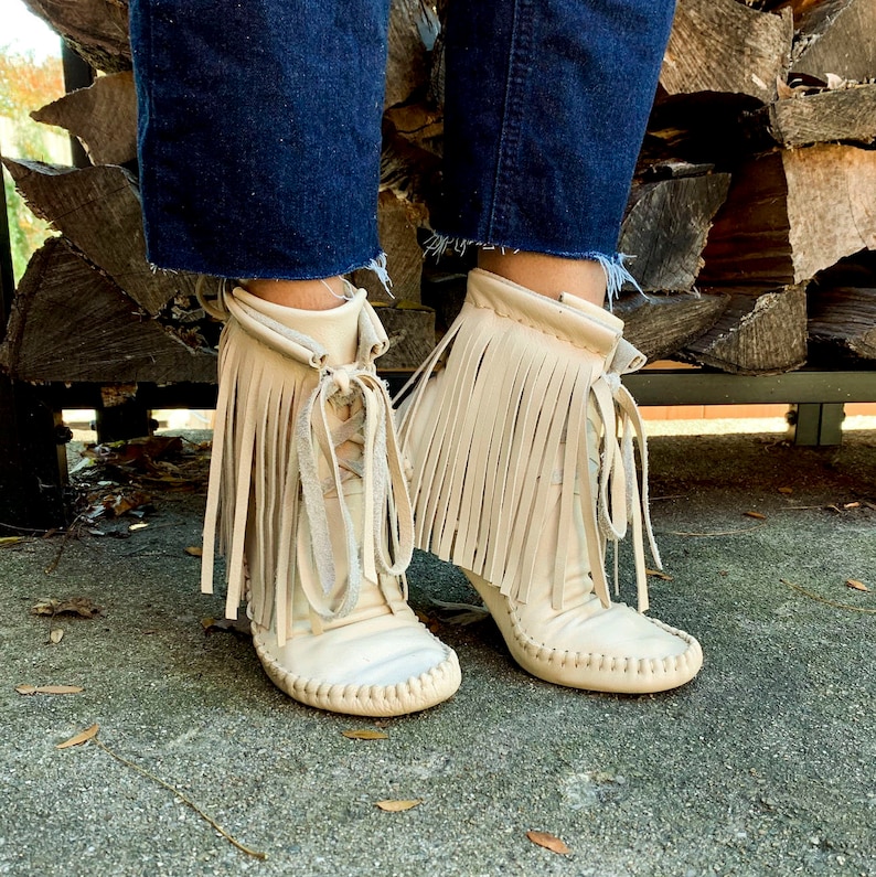 handmade moccasins | indigenous maker | fringe moccasin boots | moccasin boots | biscotti | barefoot shoes | bridal shoes image 5