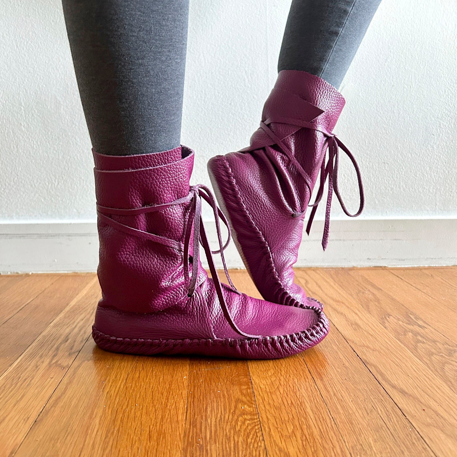 handmade moccasins | indigenous maker | moccasins | moccasin boots | wrap moccasins | berry | tall boots | size 8 | slippers | barefoot shoe