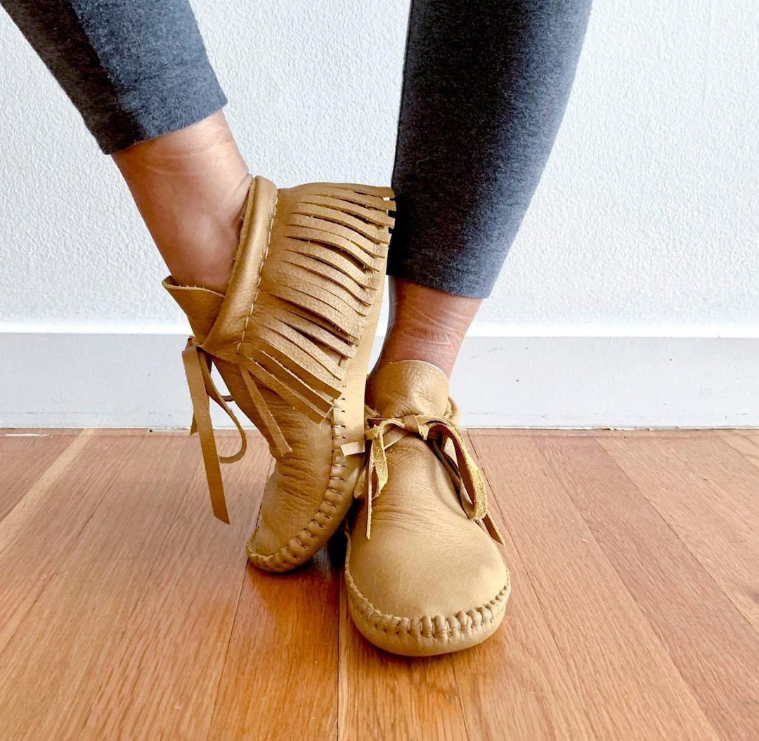 Womens Moccasin Boots With Feathers Handmade Moccasins Indigenous