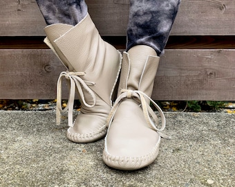 moccasins, indigenous maker, moccasin boots, taupe, leather slippers, barefoot shoes, bridal shoes, leather boots