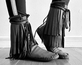 handmade leather moccasins | indigenous maker | fringe moccasins | moccasin boots | black | tall boots | bridal shoes