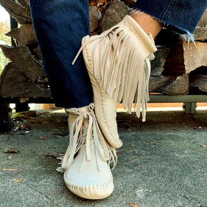 handmade moccasins | indigenous maker | fringe moccasin boots | moccasin boots | biscotti | barefoot shoes | bridal shoes image 4