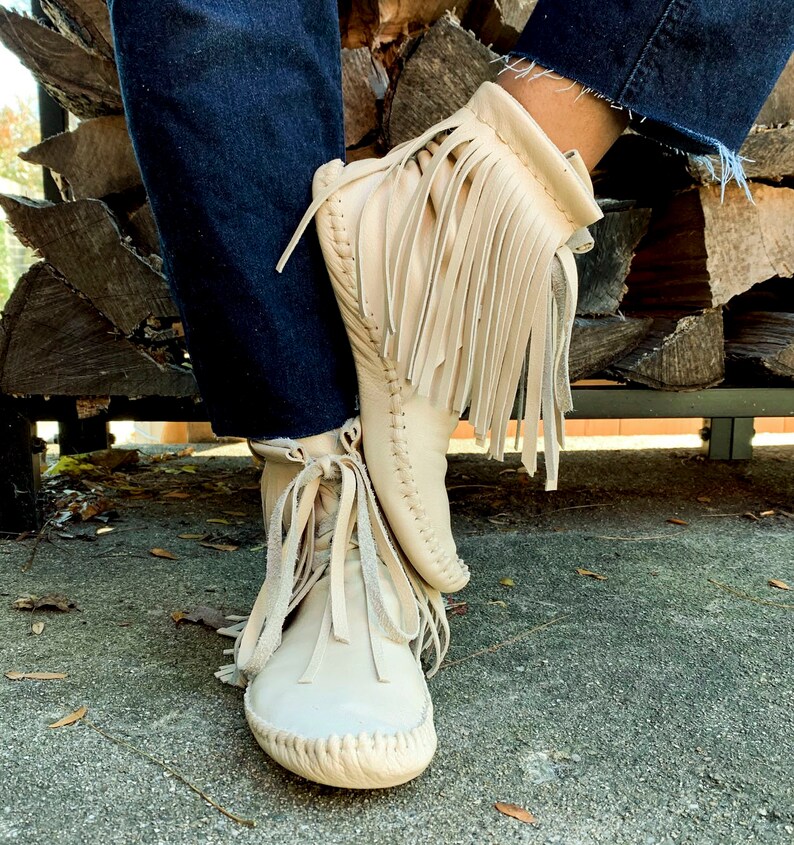 handmade moccasins | indigenous maker | fringe moccasin boots | moccasin boots | biscotti | barefoot shoes | bridal shoes image 4